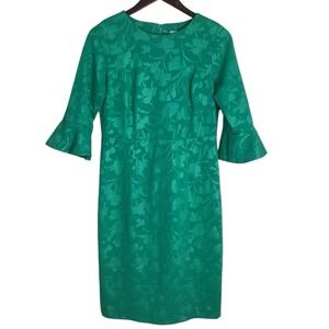 Shelby & Palmer Women's Green Floral Jacquard Sheath Dress Size 6 Bell Sleeve